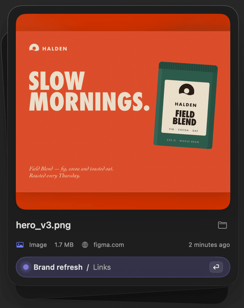 A file card for hero_v3.png, an image from figma.com, suggested for “Brand refresh / Links”, with a Return key hint.