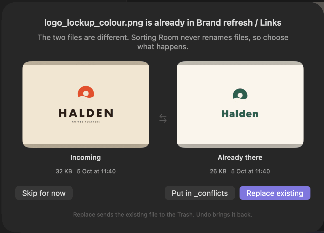 Name-clash sheet: “logo_lockup_colour.png is already in Brand refresh / Links. The two files are different. Sorting Room never renames files, so choose what happens.” Options: Skip for now, Put in _conflicts, Replace existing.