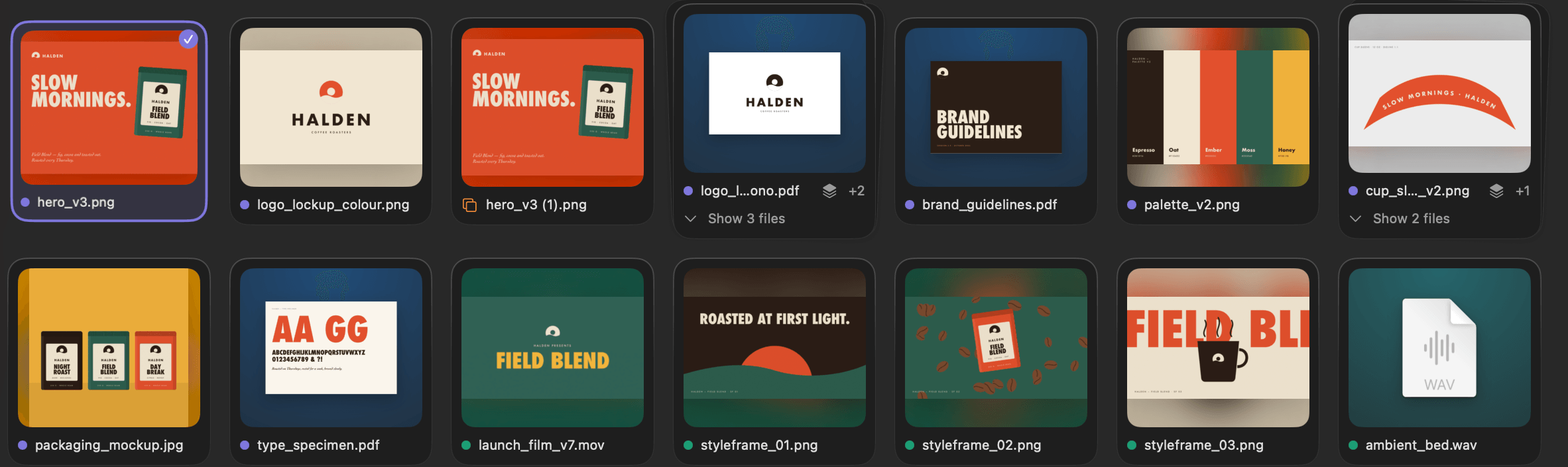 Two rows of the grid view with large previews of a studio’s downloads: posters, logos, PDFs, packaging, styleframes, a movie and an audio file, with related files grouped into one card.